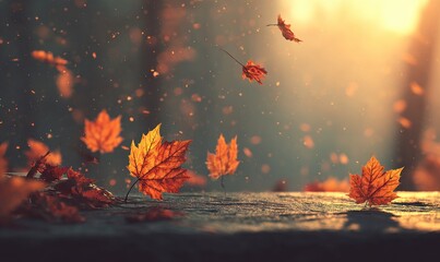 Sunlit autumn scene of falling orange leaves, bokeh, and a blurred forest background