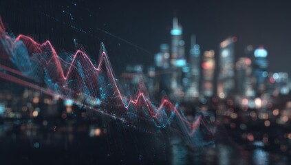 A digital red & blue graph overlays a blurred cityscape at night, suggesting financial decline