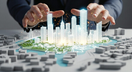 Business professionals hands hovering over futuristic holographic city model with glowing skyscrapers symbolizing smart cities urban planning and development