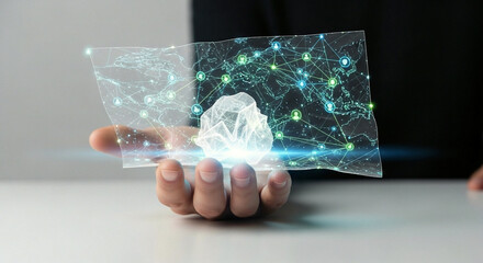 Global Network and Data Protection Hand Holding Transparent Display with Connection Map and Diamond