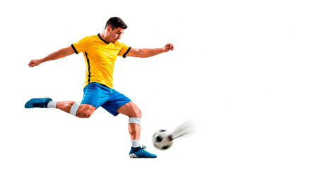 A soccer player in yellow shirt and blue shorts gives a powerful kick with his leg on white background