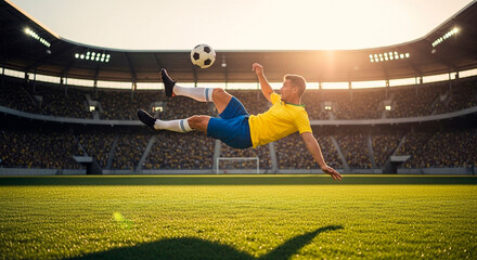 Soccer player in yellow shirt and blue shorts makes a bicycle kick backwards on a stadium lawn and in the background vibrant crowd in the stadium
