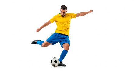 A soccer player in yellow shirt and blue shorts gives a powerful kick with his leg on white background