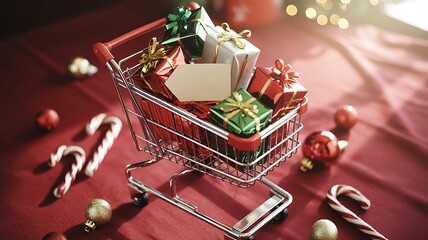 Festive Shopping Cart Filled with Christmas Gifts and Decorations