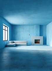 A modern, all-blue room with minimalist furniture and a fireplace, lit by daylight