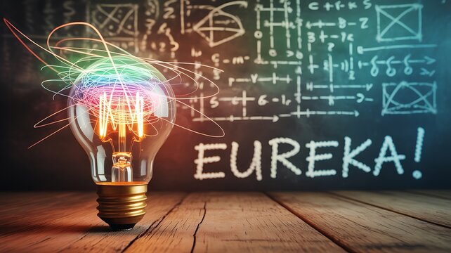 Glowing Lightbulb with Colorful Energy and Eureka
