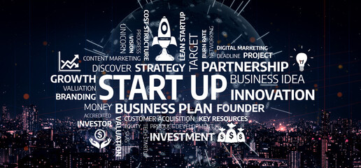 This image visually represents key concepts in startup culture, emphasizing innovation, investment, and strategic growth against an urban skyline backdrop, suitable for business contexts. Tessel