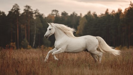 A pristine white horse gallops freely across a field with autumn hues and a forest backdrop