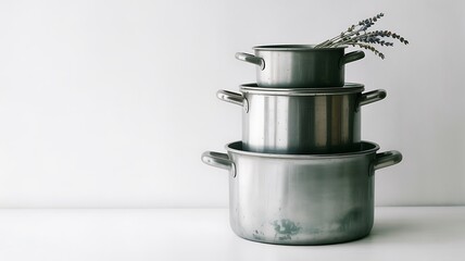 Stacked Metal Pots with Lavender Sprigs