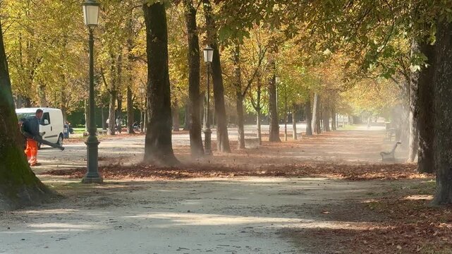 Parma, Italy, October 2, 2025.
Autumn Leaf Blower Worker in Parma Park, Italy.  Author: Djundiet A.