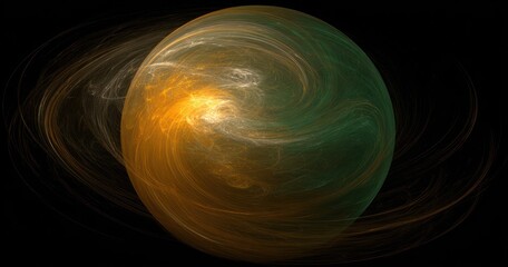 Abstract depiction of a celestial sphere with swirling colors against a dark void