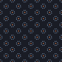 Elegant diamond pattern cute stylish flat stars background. Dark banner with small blue orange squares starry motif. Modern style ornament design wallpaper,  fabric textile swatch allover print block