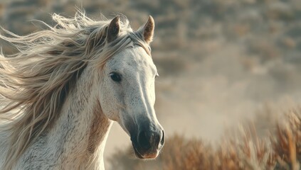 Close-up of a white horse with flowing mane, set against a sunlit, dusty landscape