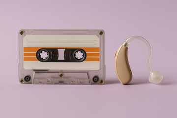 A cassette tape with orange stripes and a hearing aid on a light purple background in a studio shot