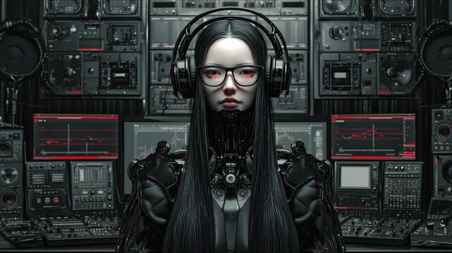 A humanoid cyborg girl with a stunning face and long, straight black hair stands in a black technology studio with monitors and control panels. It suddenly turns out there's a lot of life inside