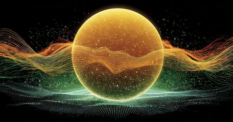 A luminous sphere glows amidst swirling, colored waveforms, set against a dark backdrop