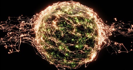 Glowing sphere of light and energy, complex web structure extending into darkness