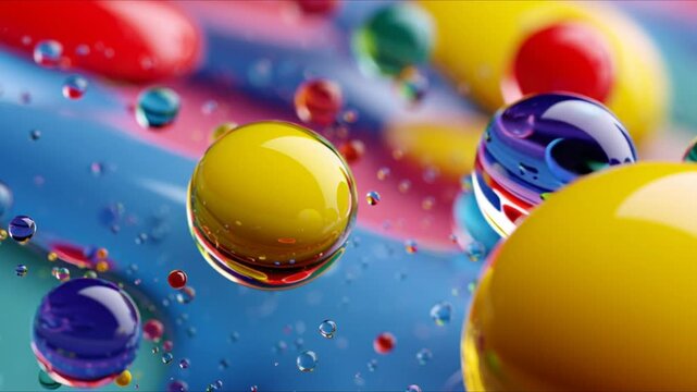 High resolution colorful paint drops floating in zero gravity, merging and splitting with glossy liquid reflections