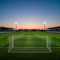Fototapeta premium A striking, well-maintained soccer stadium field with a goal net prominently in the foreground, viewed from a lower perspective, under a beautiful twilight sky as the stadium lights glow.