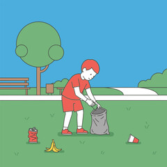 Fototapeta premium Illustration of a young boy cleaning up litter in a park promoting environmental awareness and community involvement for a cleaner world