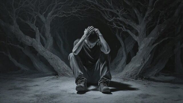 The young man is mentally depressed, he sits huddled on the floor, clutching his head in his hands in despair, while black, terrible branches of unknown trees reach out to him from all sides
