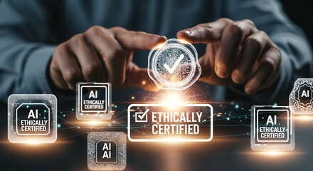Human hand holding glowing digital "AI Ethically Certified" stamp with checkmark over floating badges symbolizing trust accountability and AI regulation