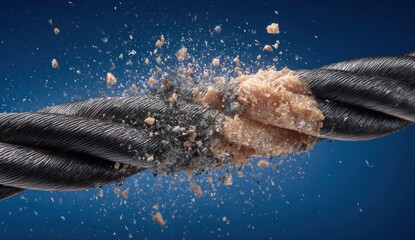 Close-up of cable snapping explosively against a blue background. Breaking apart mid-air
