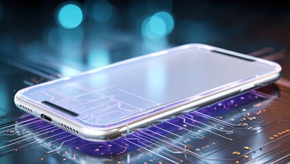 Futuristic smartphone rendering on circuit board, illuminated with neon lines and bokeh
