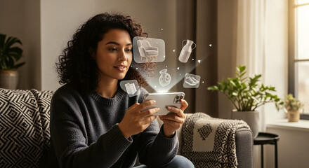 Young woman interacting with 3D virtual home goods via smartphone showcasing immersive AR shopping experience and evolution of digital e commerce