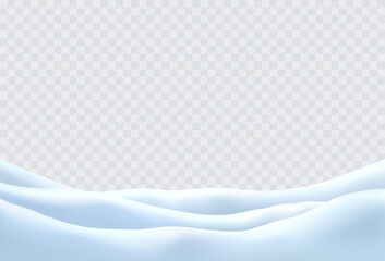 Snow drifts landscape isolated on transparent background. Christmas border with frozen hills and snowdrifts. Vector 3d snowbanks cover winter field
