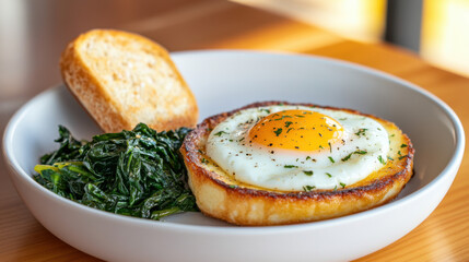 Close Up Delicious Fried Egg Brioche with Spinach Food Plate