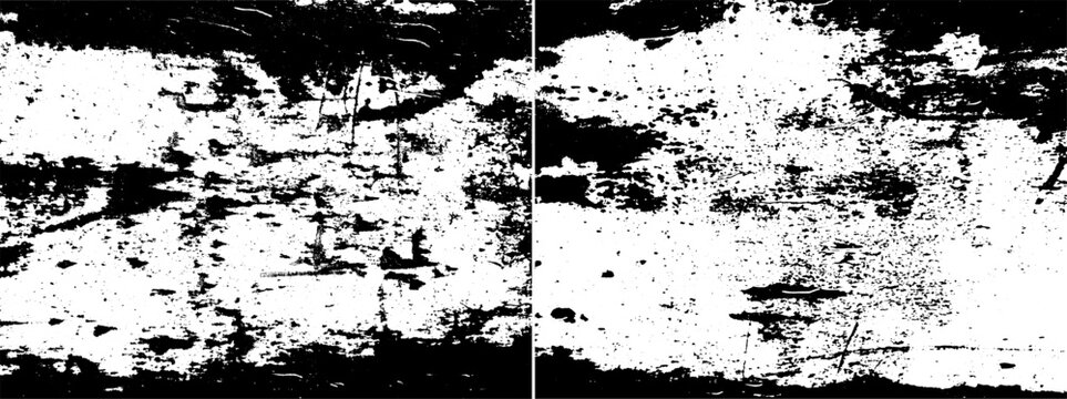 Two backgrounds with black ink textured. Overlay effect for graphic design artwork. Grunge texture. Dust, noise, scratches, grain, vignette.