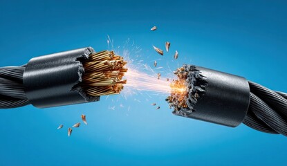 A broken black cable with sparks erupting from the severed copper wires on a blue backdrop