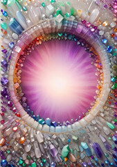 Frame of vibrant uncut crystals and polished gems on a sparkling misty surface