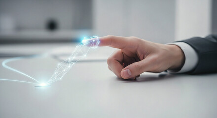Business Hand Interacting with Digital Network Secure Finger Touch and Data Connection Concept