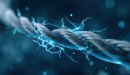 A close-up of a braided steel cable with electric arcs sparking against a soft, blurred background