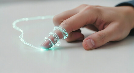 Close Up of Finger with Glowing Interconnected Digital Line Wrapping Around It Symbolizing Biometric Data Connectivity and Cybersecurity