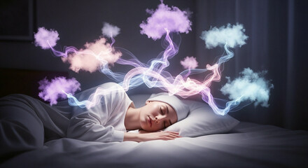 Woman in Deep Sleep with Vivid Dream Clouds and Ethereal Light Trails Flowing Above Her Symbolizing Sleep Health and Subconscious Mind