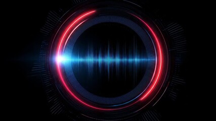 Abstract audio waveform graphic with glowing red and blue circles - Powered by Adobe