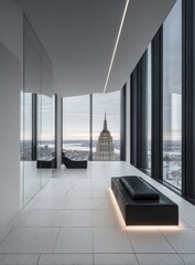 Modern minimalist interior with panoramic city views, featuring sleek furniture and large windows