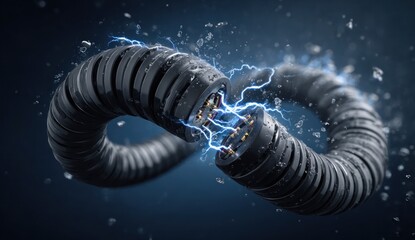 Electrical cable with sparking electricity and water droplets in a blue background