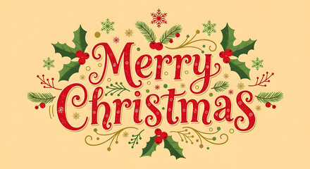 Festive merry christmas greeting with decorative holly berries pine branches and snowflakes on a warm background