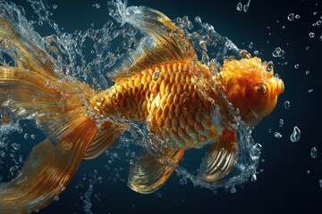 A vibrant, golden fish swims through a burst of water, highlighted against a dark backdrop