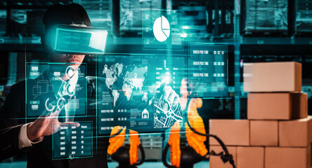 Future virtual reality technology for innovative VR warehouse management . Concept of smart technology for industrial revolution and automated logistic control .