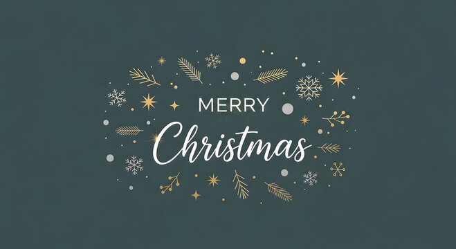 Elegant merry christmas greeting with delicate festive illustrations and snowflakes on a dark background