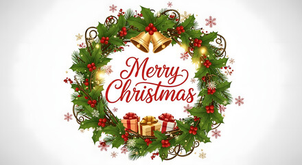 Festive merry christmas wreath adorned with golden bells red berries and gift boxes on a white background