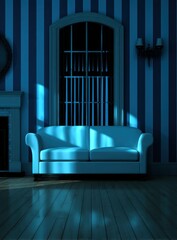 A dimly lit room features a white sofa, arched window, and striped walls