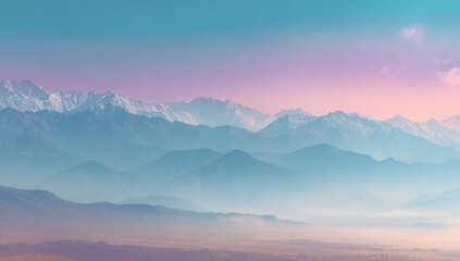Majestic mountain range under a pastel sunset sky with layers of mist
