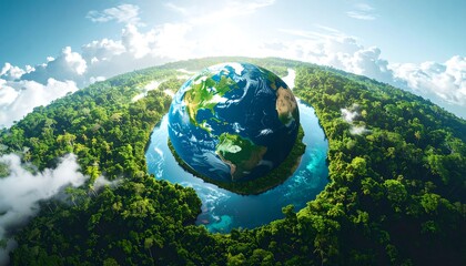 Composite image of the Earth surrounded by lush green forest and water