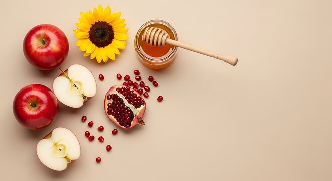 Fresh Apples Pomegranate Honey and Sunflower on Minimal Background - Powered by Adobe